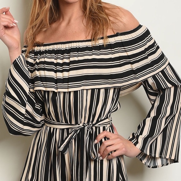 BLACK TAUPE STRIPE OFF THE SHOULDERS LINED ROMPER - Picture 2 of 8